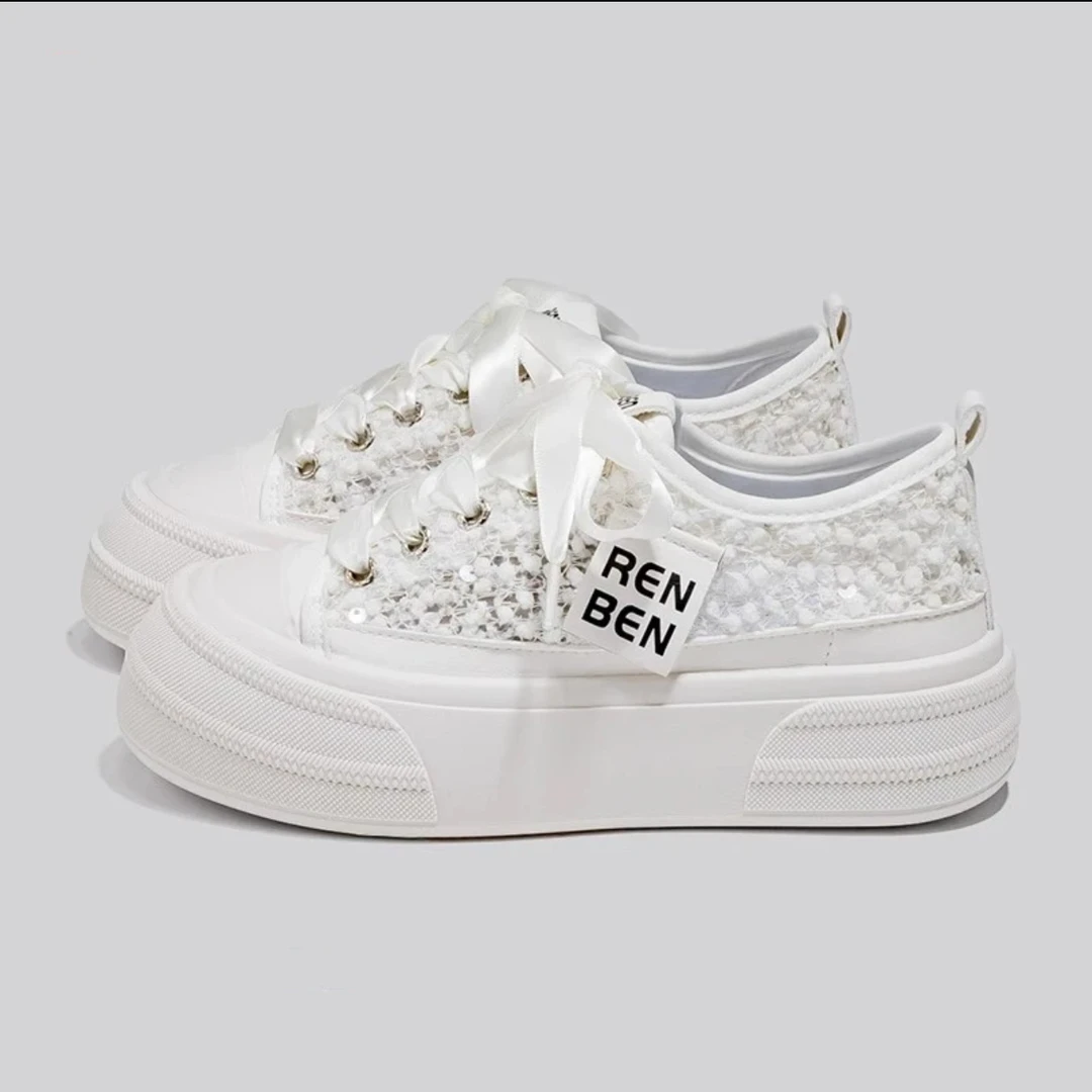 夏季新款蕾丝网面透气亮片潮小白鞋学生厚底板鞋001