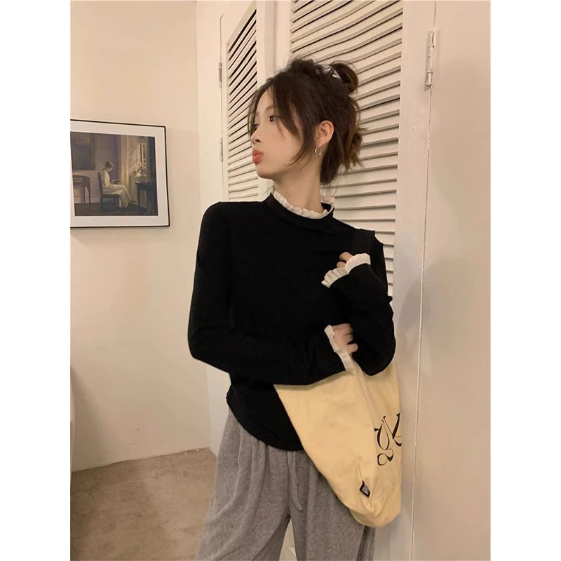 半高领蕾丝花边拼接长袖t恤女秋冬季修身显瘦德绒内搭打底衫上衣