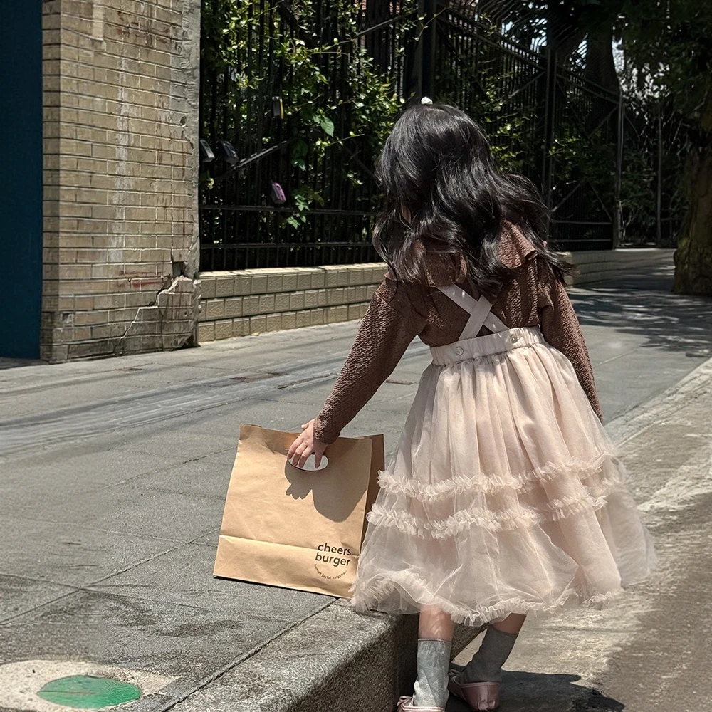 女童粉色纱裙公主裙节日礼服四季可穿儿童半身裙仙女裙背带可拆卸