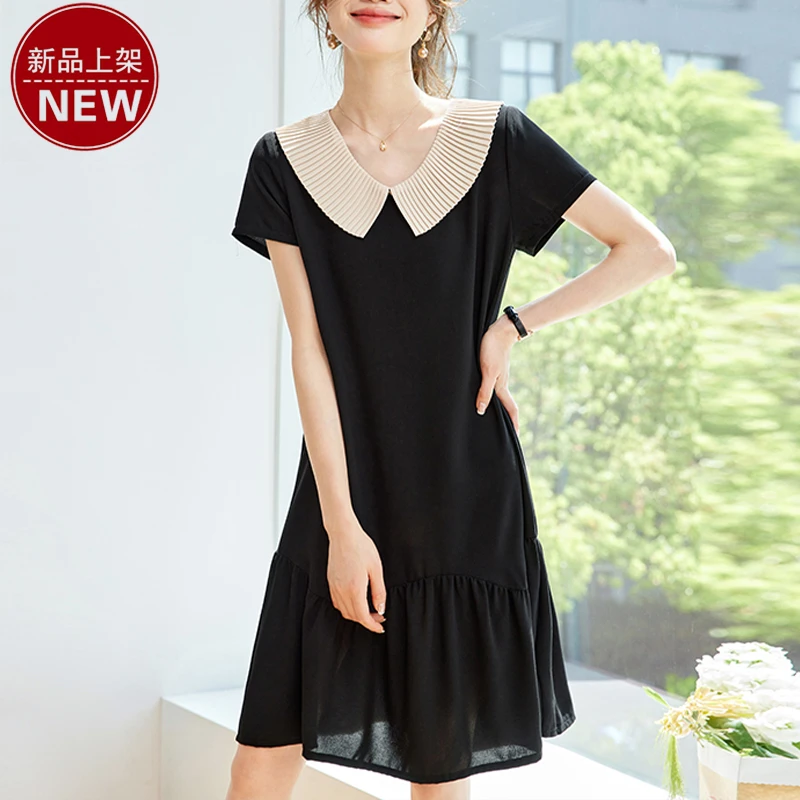 2025新款夏季时尚气质撞色娃娃领连衣裙黑色休闲宽松显瘦遮肚女