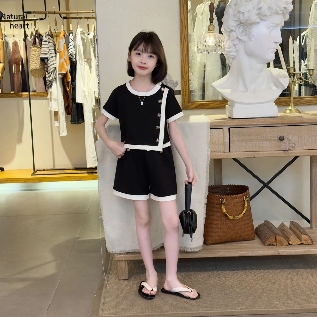 小香风时尚套装女童2025夏季新款中大童洋气休闲运动短袖短裤两件
