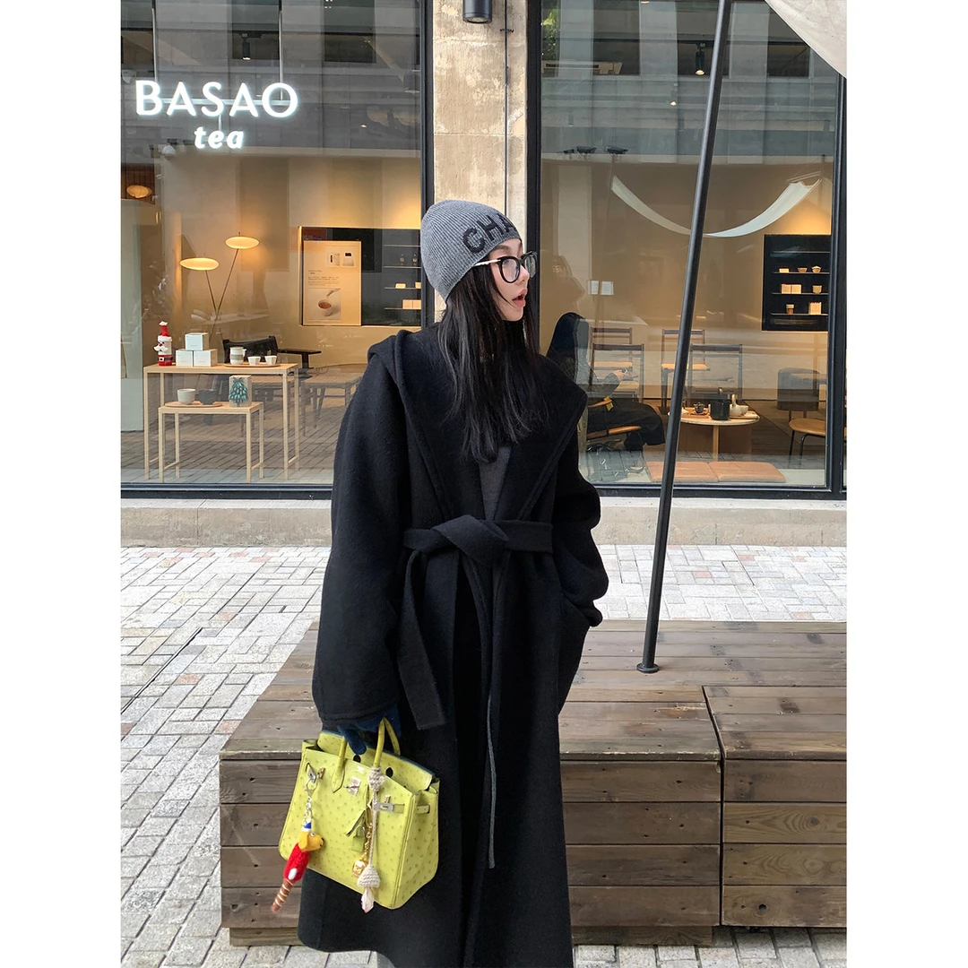 区区欧阳致敬L*P系列 廓形老钱大翻领连帽双面呢大衣女冬季加厚呢