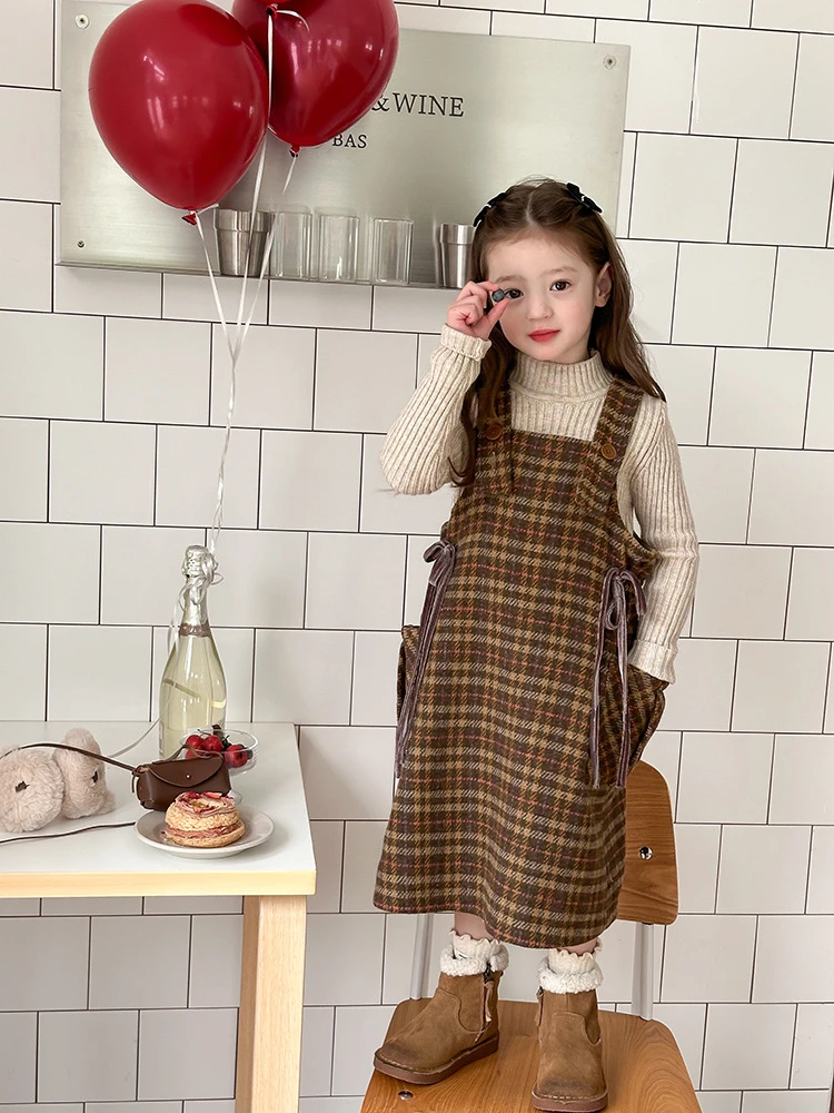 现货【60%羊毛】女童休闲洋气连衣裙儿童加厚加绒格子背带裙24B037