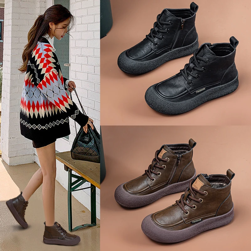 复古松糕马丁靴25年秋季新款不勒脚侧拉链休闲靴冬季加绒保暖棉靴