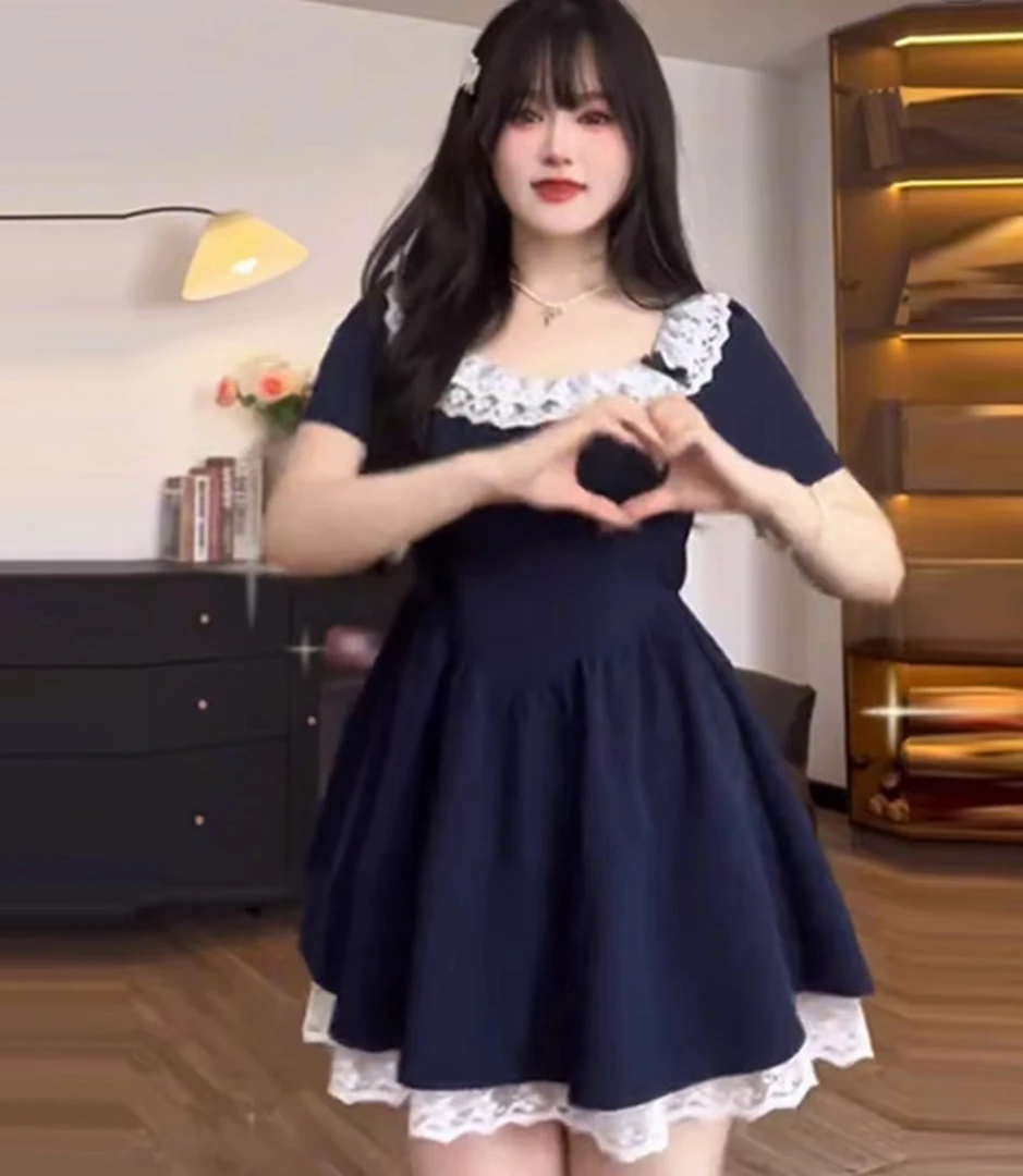 大码法式茶歇连衣裙夏季短袖胖mm显瘦遮肚荷叶领裙子