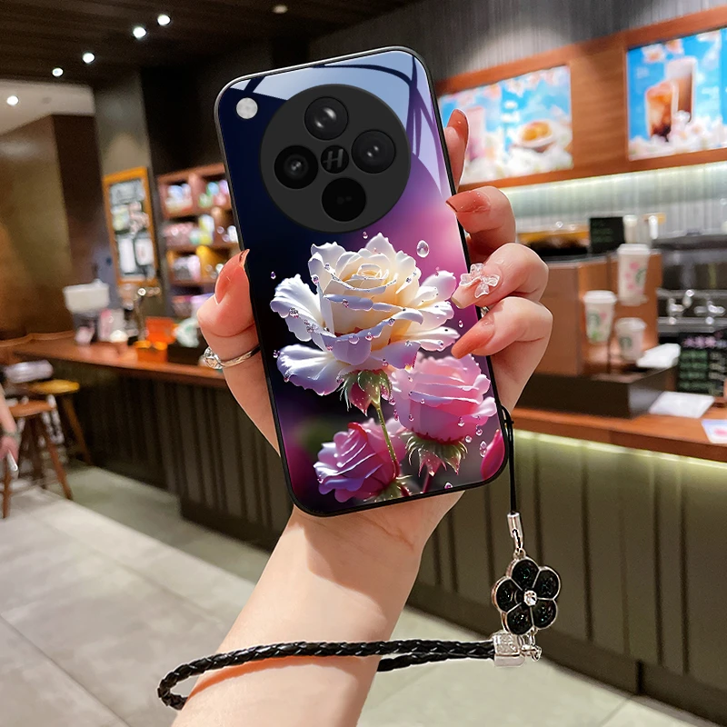 绽放玫瑰适用OPPOFindX8S手机壳FindX8Ultra玻璃壳FindX8S+女挂绳