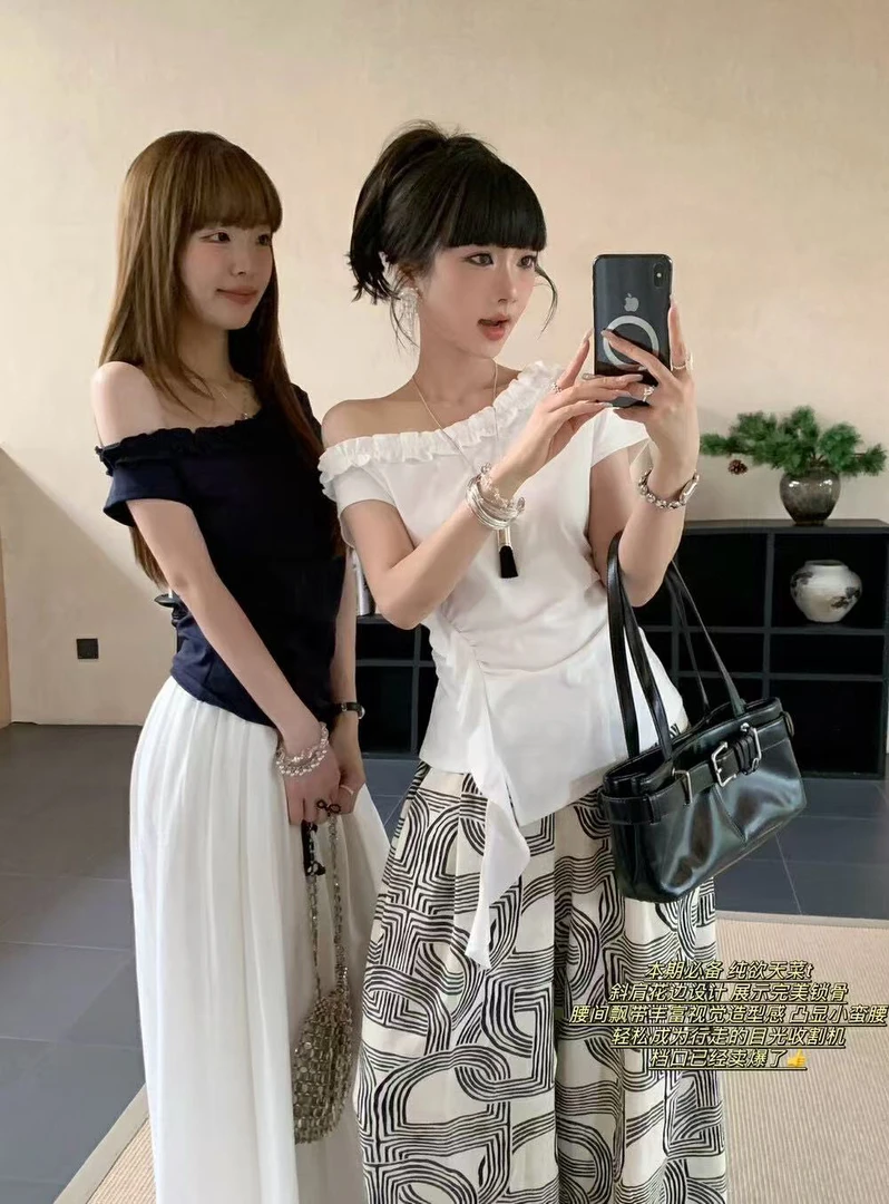 NONO@1539 气质温柔木耳花边斜肩短袖t恤褶皱显瘦百搭上衣 5-21