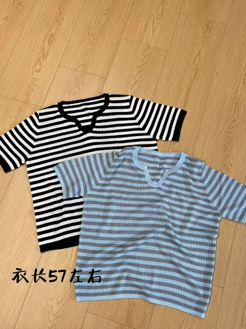 【志玲家】优选66818款条纹小u领针织短袖