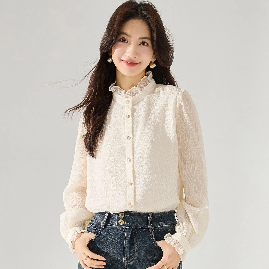 25严选浮雕压花雪纺衬衫百搭通勤木耳边小立领甜美显瘦上衣15557