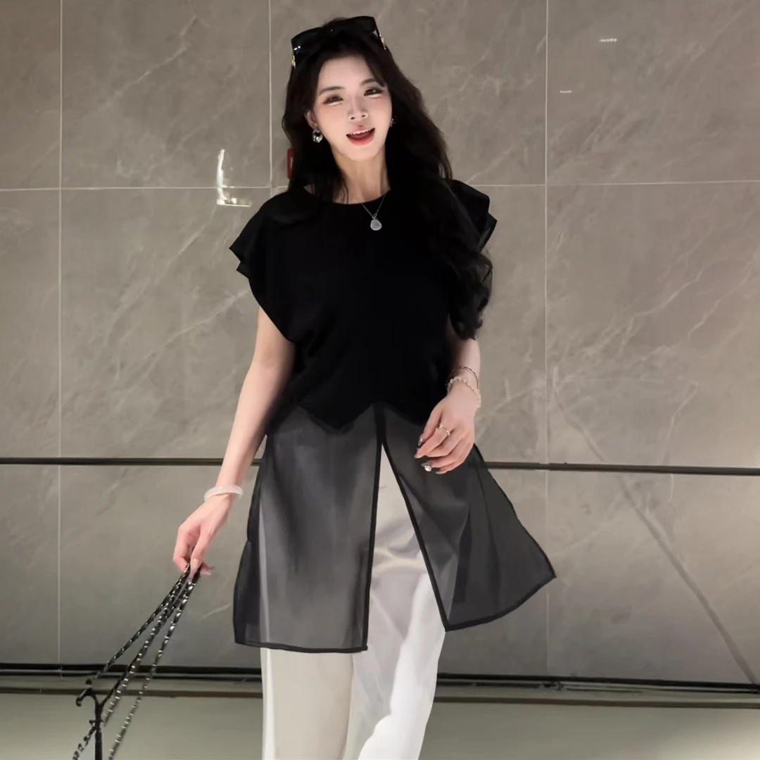 设计感拼接网纱前开叉无袖上衣女夏季新款宽松显瘦百搭背心2563#