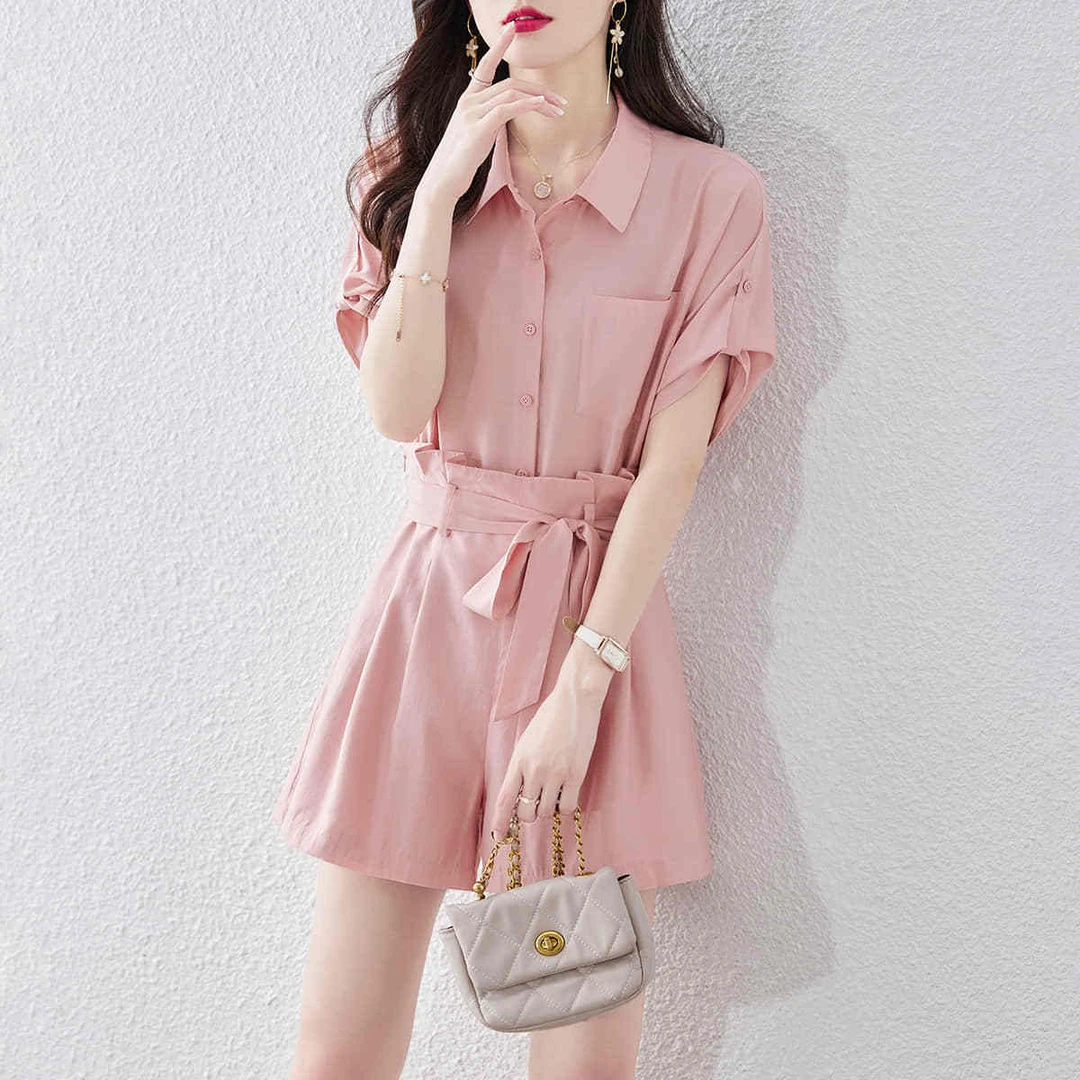 尚静街头风小清新套装裤女2025夏季新款系带收腰简约衬衫高腰短款