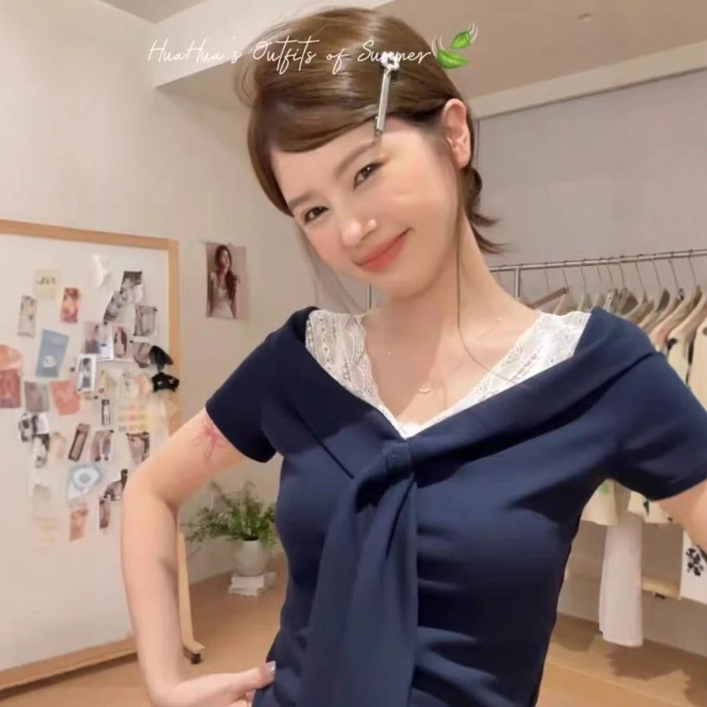 假两件蕾丝拼接v领正肩短袖t恤女夏季修身显瘦chic韩系短款小上衣