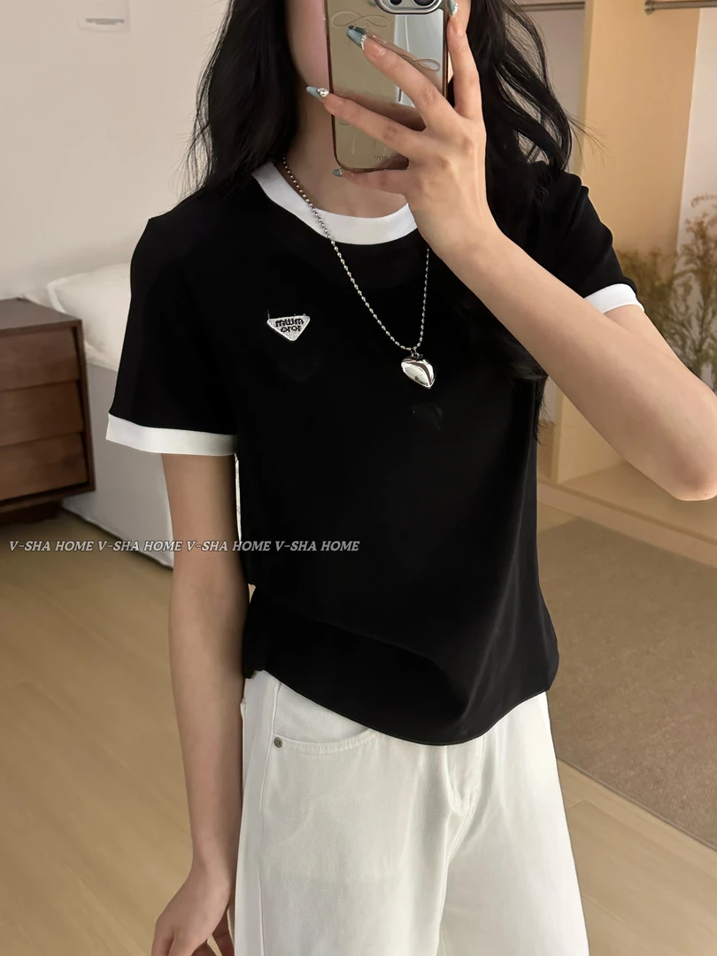 薇莎1107【现货】80-150斤拼色领小标圆领短袖T恤女