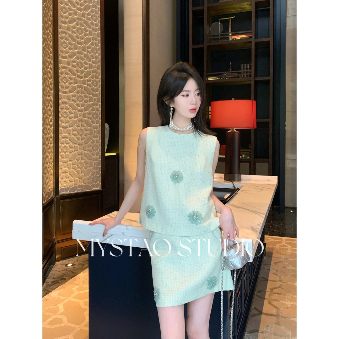 MYSTAO原创高定【薄荷织夏】精致感重工珠花背心短裙套装052Y0003