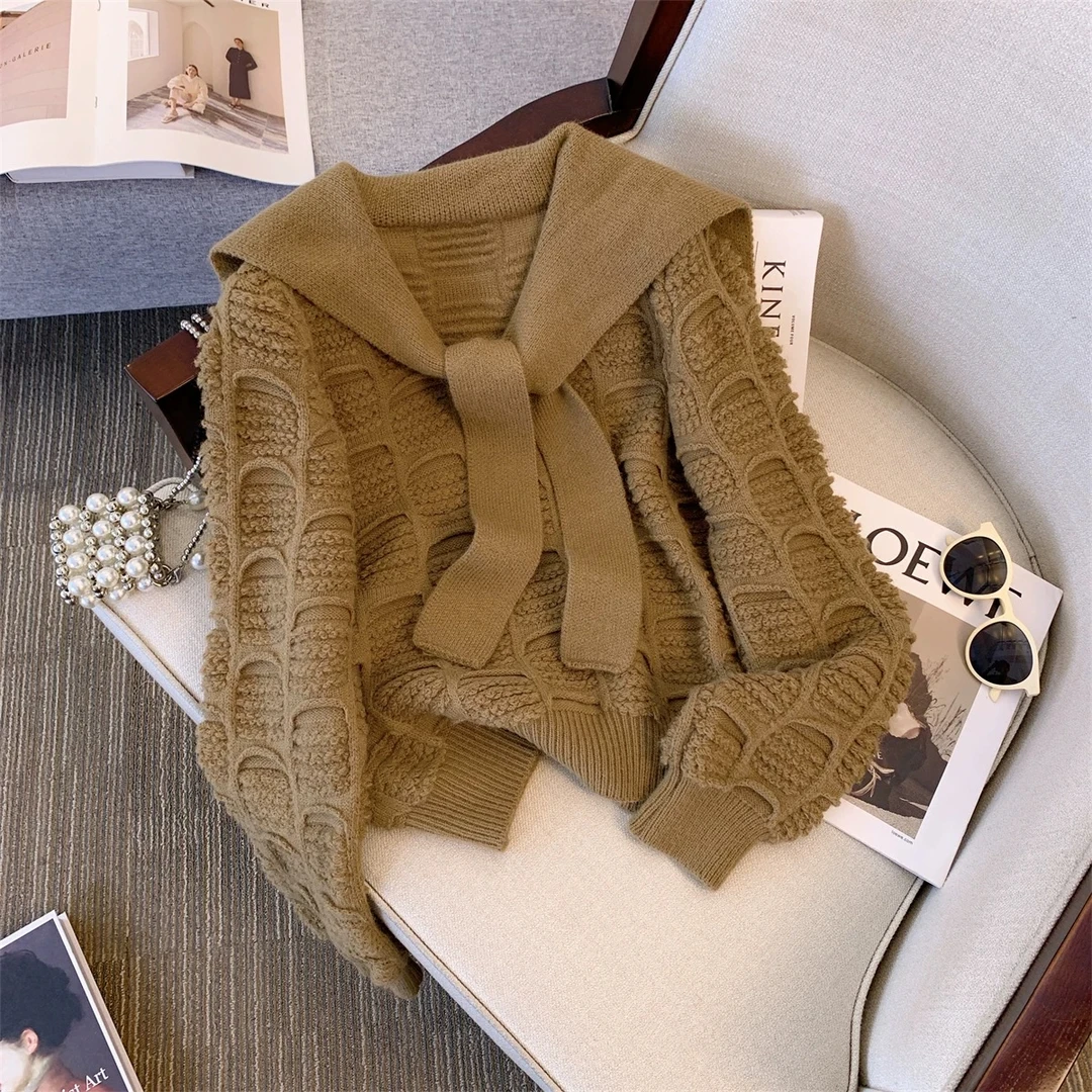 MY331 秋冬披肩绑带毛衣女慵懒风洋气外穿针织衫