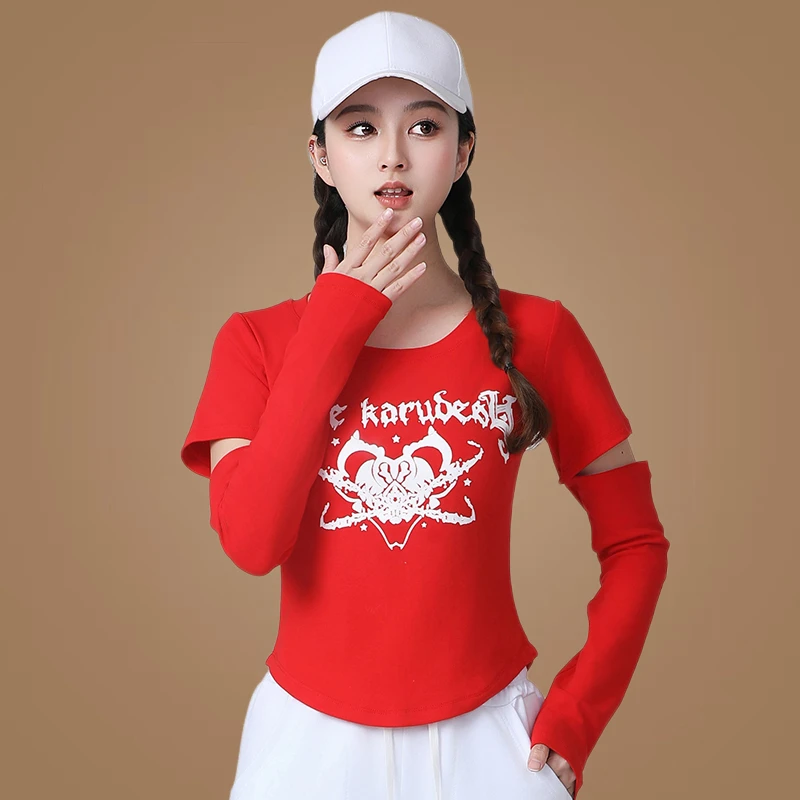悦姿美特广场舞服装新款短袖长袖两用上衣女夏季网红跳舞T恤健身
