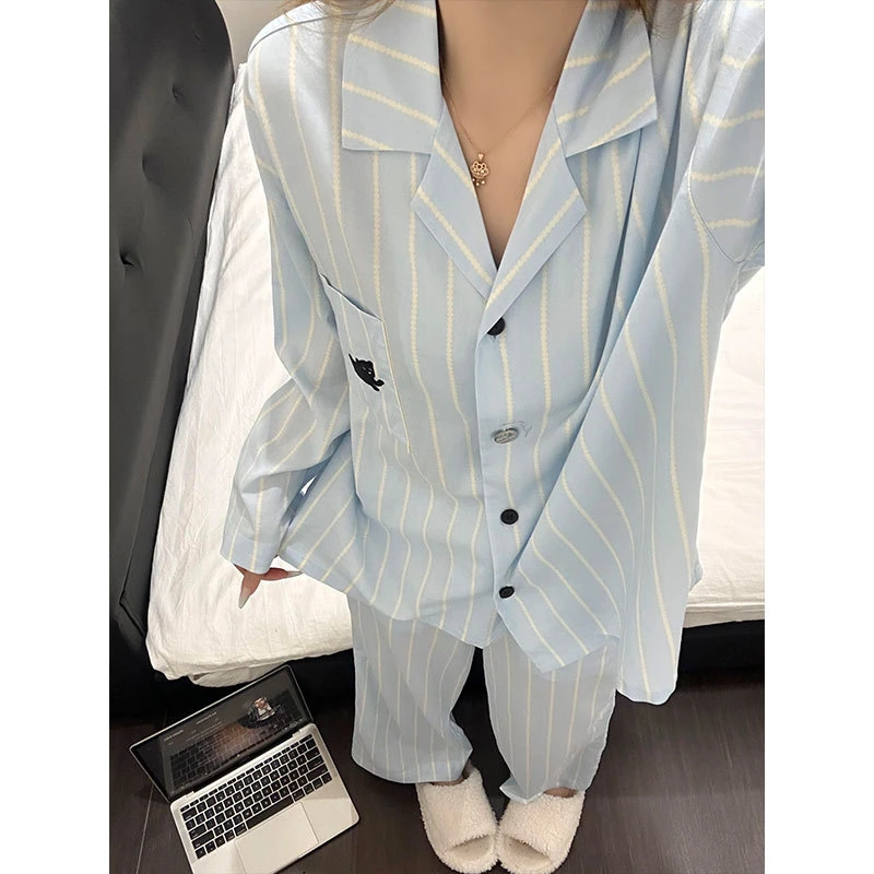 美梦工坊「蔚蓝舒眠」条纹睡衣女春秋季长袖长裤可外穿家居服套装