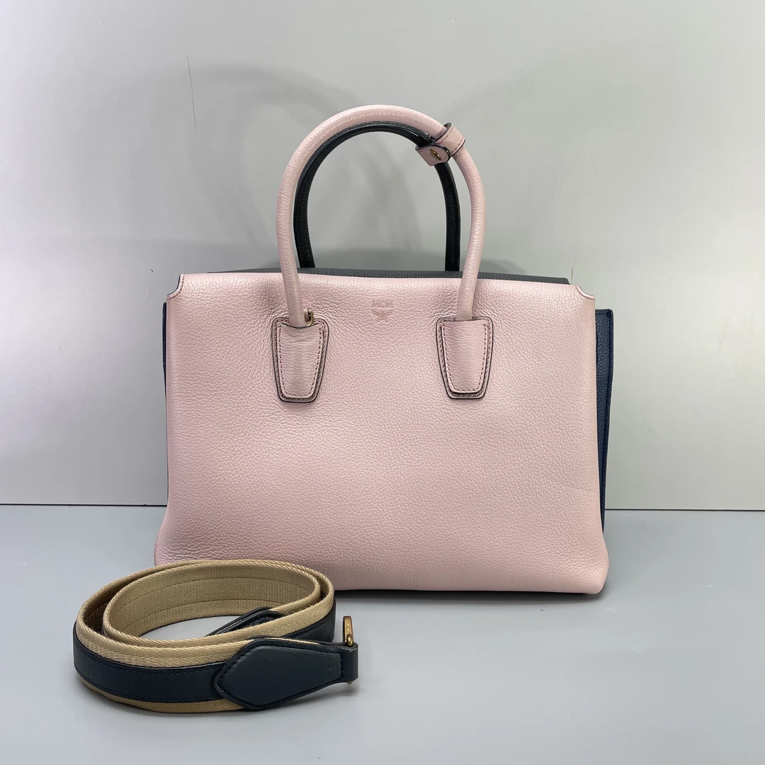 95新 MCM 媚姐/mcm粉色拼色手提斜挎包31x22x14cmG092502