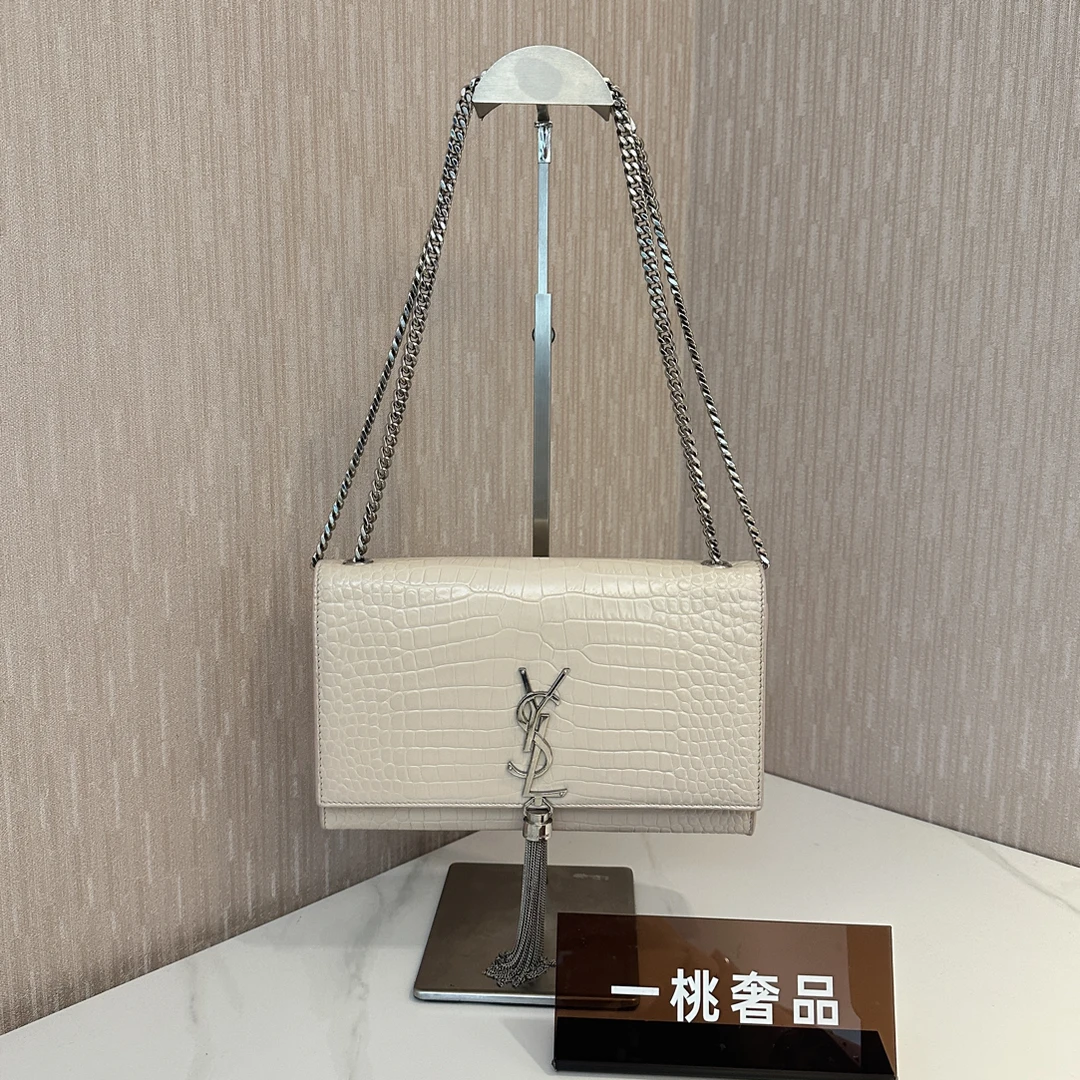 95新 YSL/圣罗兰 一桃/圣罗兰 鳄压纹流苏Kate单肩斜挎
