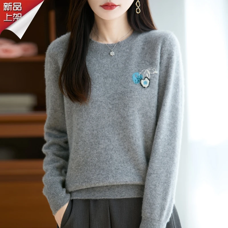 哥弟阿玛施正品新款女士圆领羊毛衫上衣精美刺绣秋冬时尚百搭毛衣