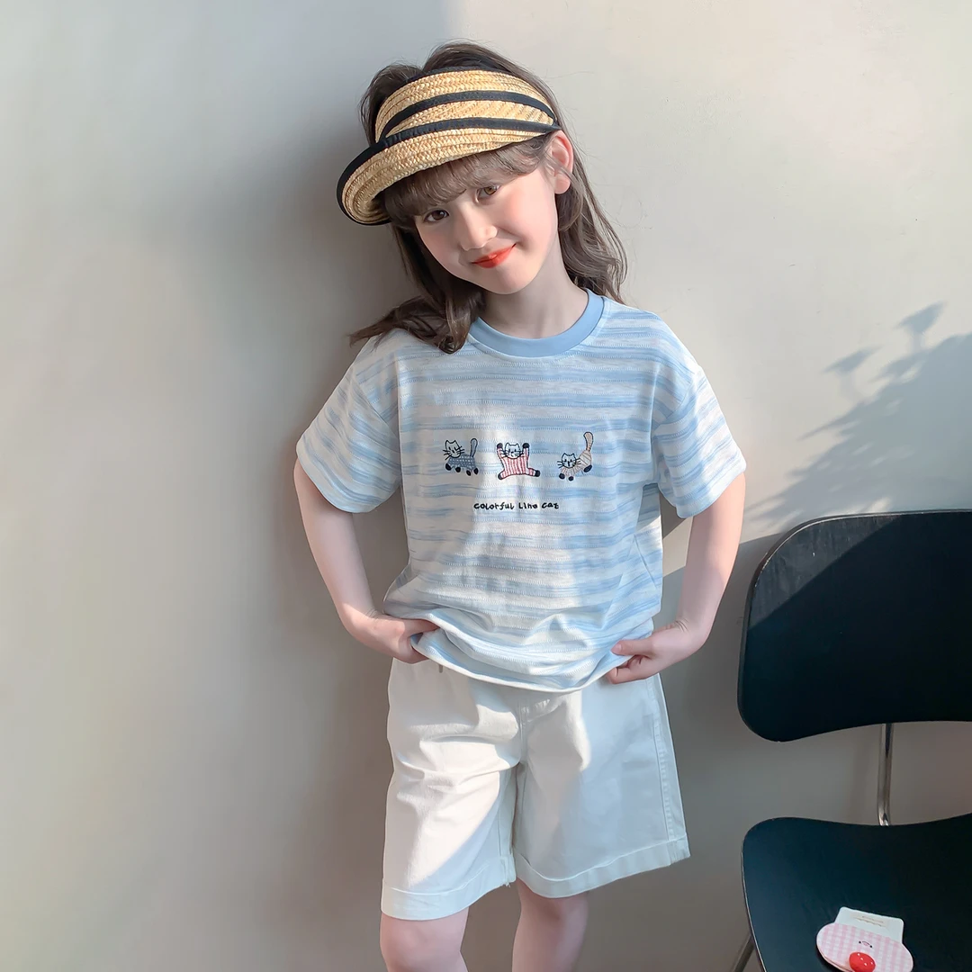 女童夏款短袖2025夏季新款儿童洋气韩版条纹中大童印花T恤DY13350