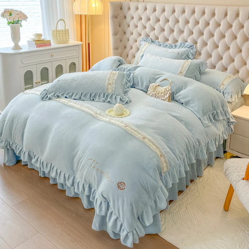 【高端新款】加厚牛奶绒四件套床盖款韩版刺绣被套保暖冬季床上用品