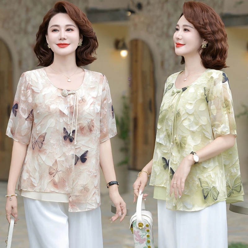 妈妈装新款轻薄套头小衫宽松显瘦夏季轻薄两件套50多岁中老女装