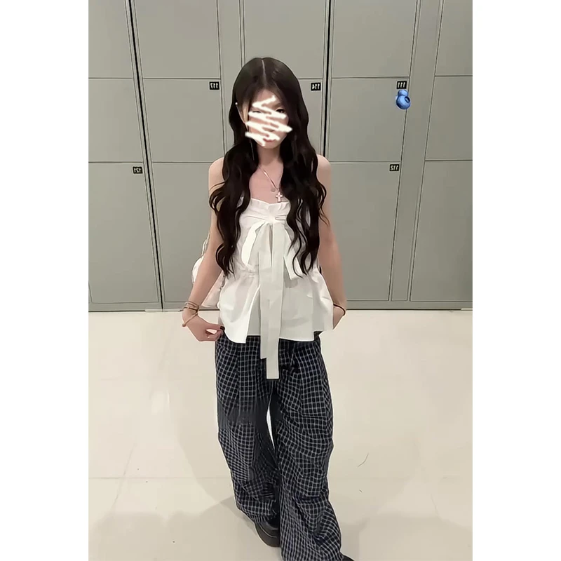 2025夏季新款女韩系穿搭露肩系带设计感上衣百搭高腰格纹阔腿长裤
