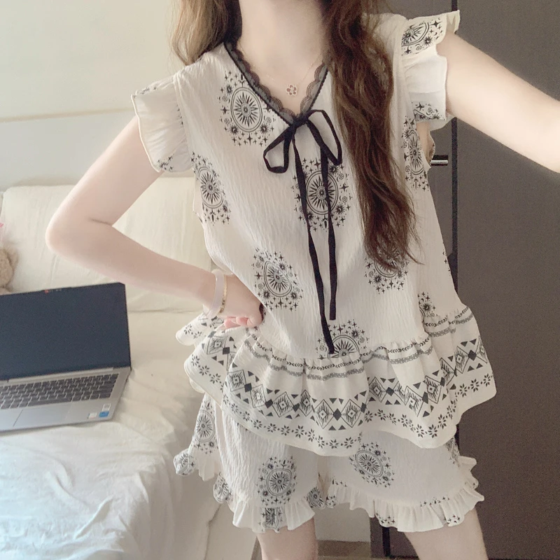 【带胸垫一体】睡衣女士夏季新款吊带短裤亲肤棉波西米亚家居服套装