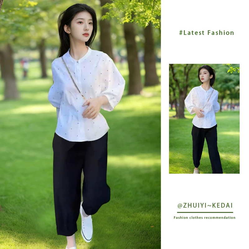 韩系立领设计感波点休闲衬衫女减龄宽松遮肚子显瘦百搭衬衣小个子
