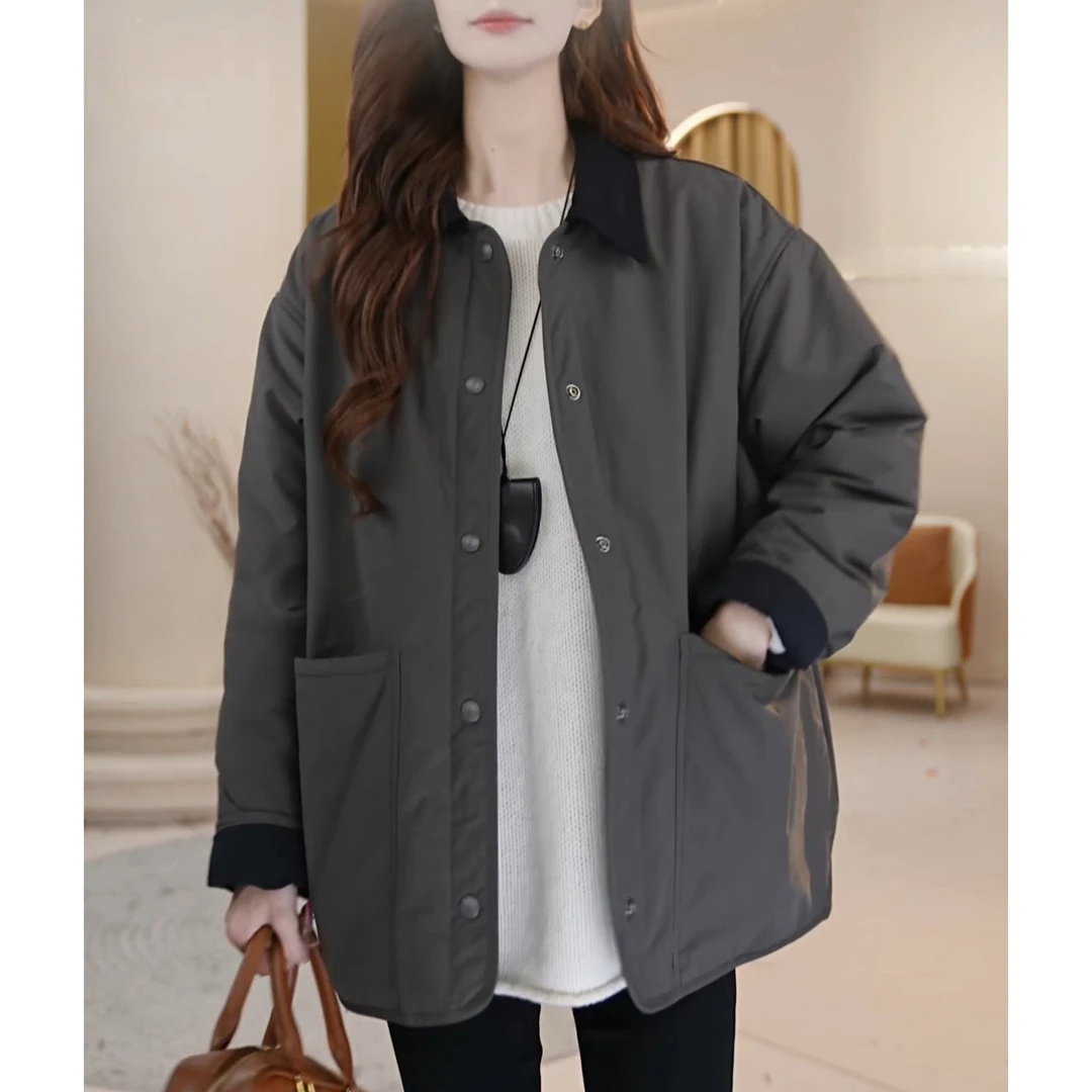 大码时尚宽松休闲百搭棉袄棉衣2025冬季新款洋气显瘦翻领棉服外套