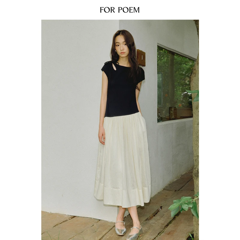 ForPoem 25/SS 原创设计拼色连肩短袖收腰复古新中式气质连衣裙女