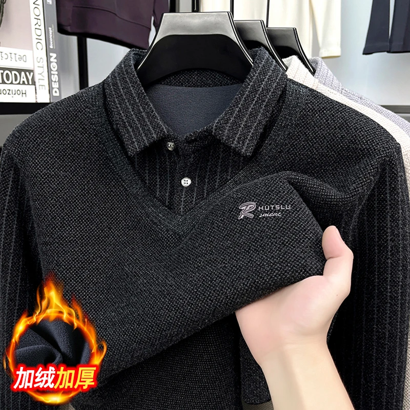 2025冬季男士加绒加厚针织假两件衣商务休闲时尚刺绣保暖polo衫