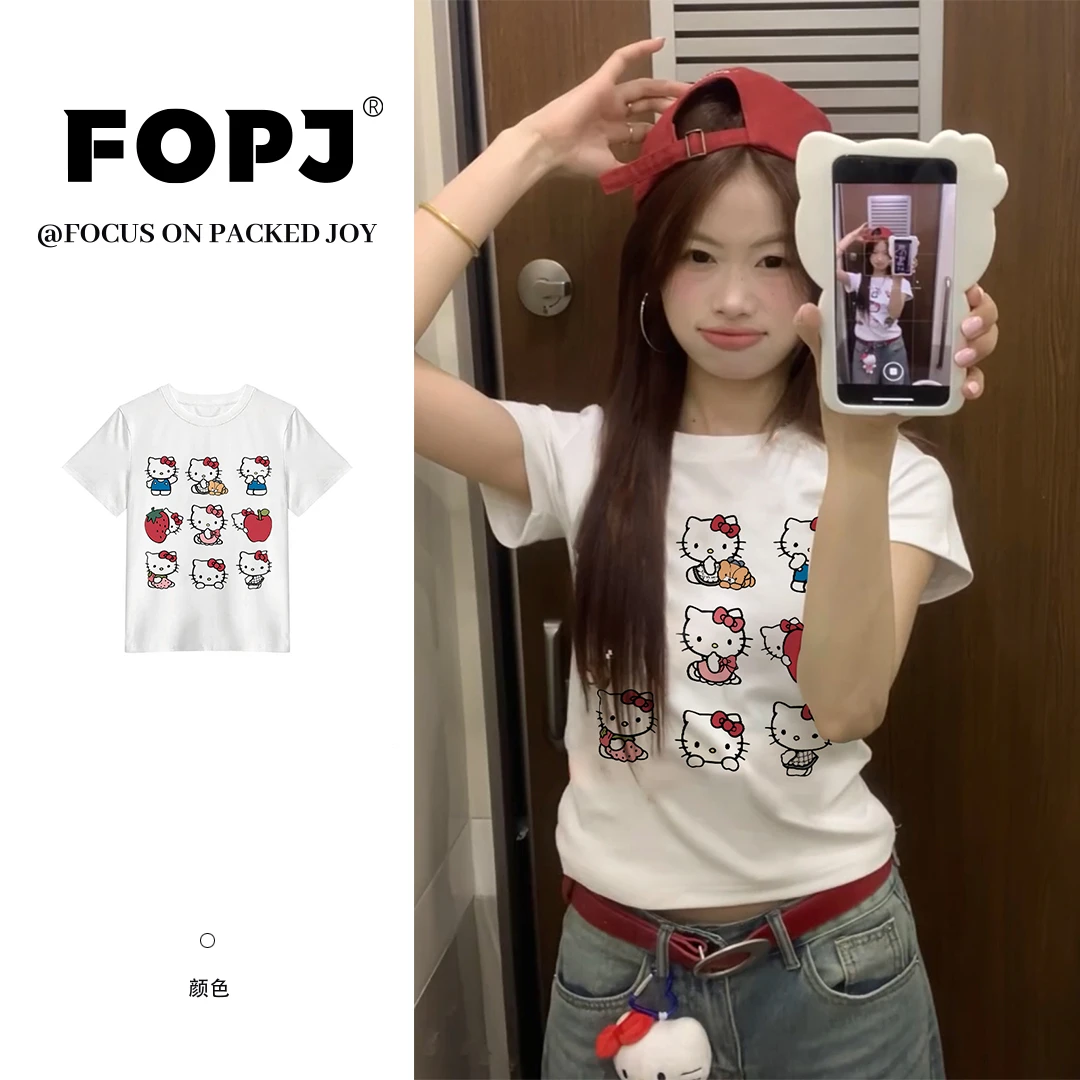 FOPJ夏季新款穿搭卡通kitty印花正肩短袖T恤女设计感修身圆领上衣