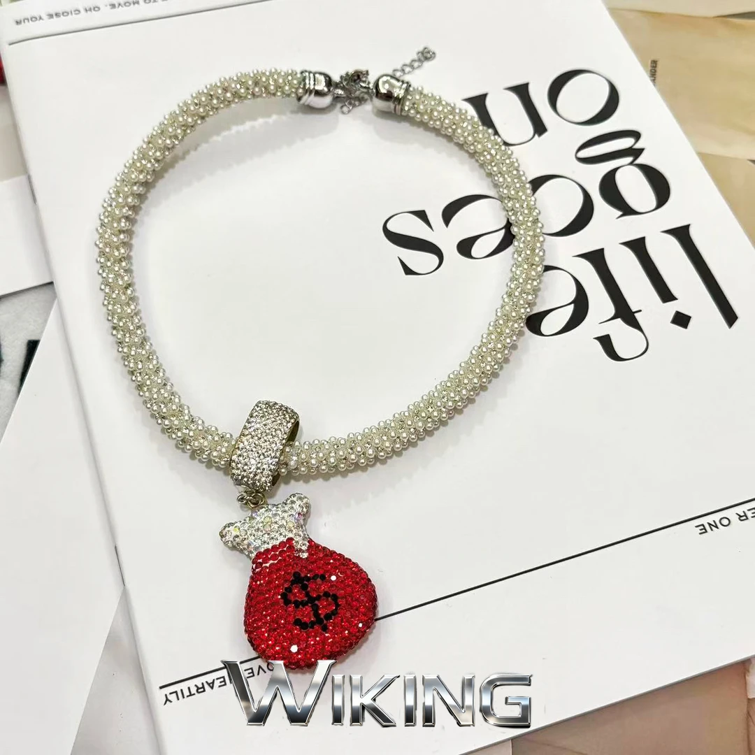 铜锆石项链 王大嘴原创 ”红钻钱袋“奢华白珠镶钻小钱袋项链A316