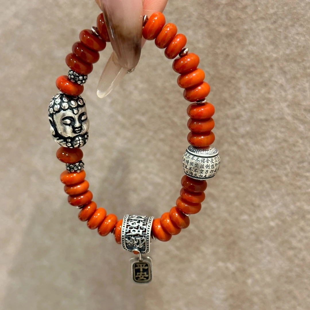 s09870<非晚1>S925银玛瑙珠心经圆珠宝宝佛南红六字真言夹扣手串