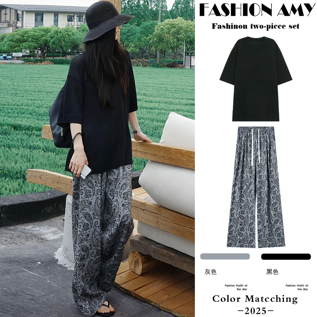 孕妇套装夏装新款时尚韩版宽松薄款冰丝短袖T恤休闲碎花阔腿裤子1