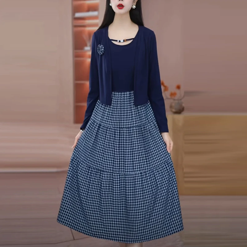 木雅精纺优雅套装裙2025秋季新款长袖时尚显瘦格子两件套连衣裙子