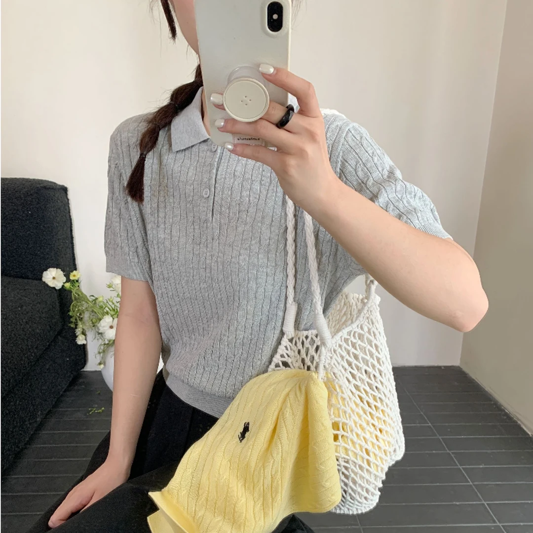 【潘潘.688867】2025年夏新款天爽亚麻POLO领绞花短袖针织衫