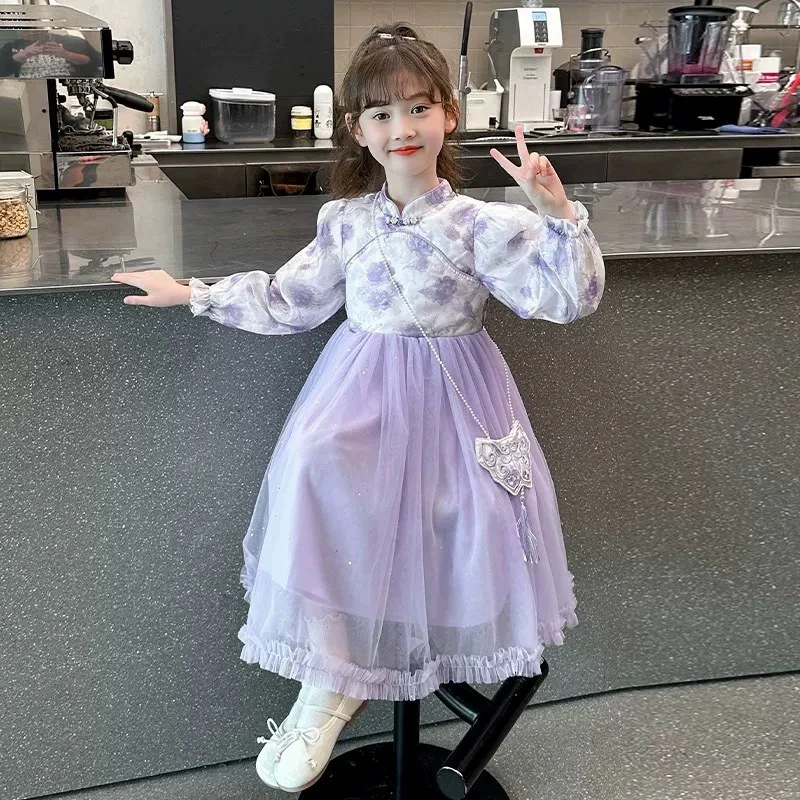 B229哈哈家女童连衣裙春秋款2025国风带包裙子
