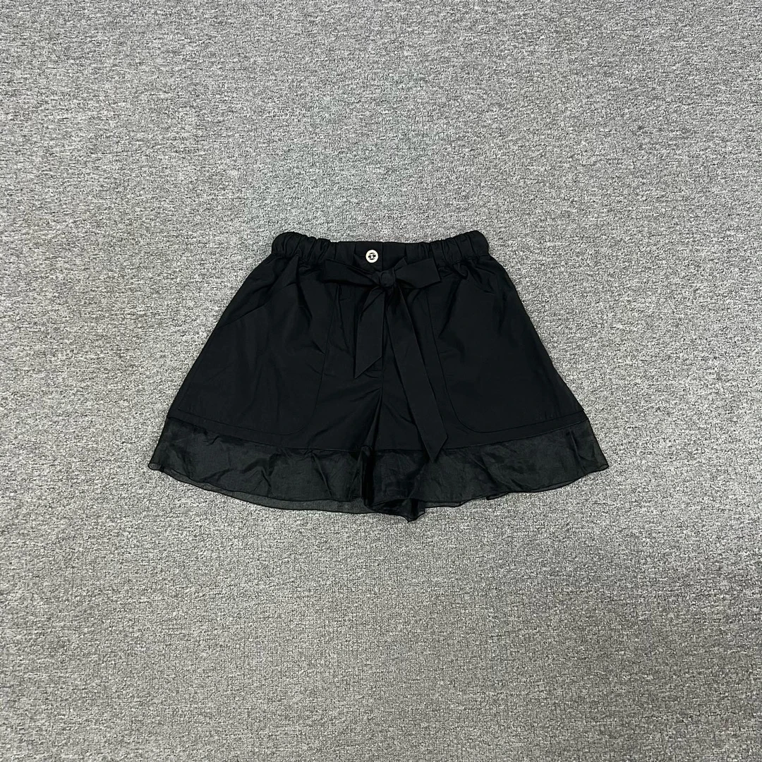 99新 Chanel/香奈儿 黑色 C双 黑色蝴蝶结绑带网纱拼接短裤 34码