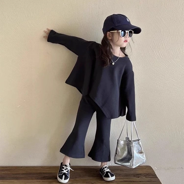 女童春装套装2025新款洋气时髦儿童网红炸街黑色女童秋款套装