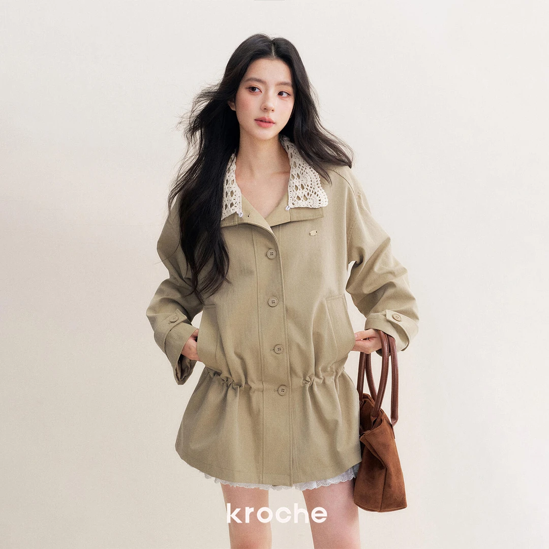 Kroche 25aw 慵懒休闲 重工可拆卸钩花衣领 宽松收腰抽绳风衣外套