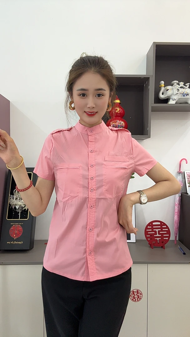 5140夏季立领短袖单排扣气质优雅棉衬衫女舒适微弹百搭显瘦衬衣潮