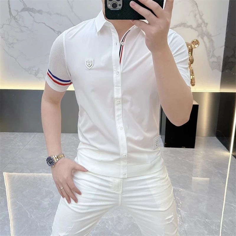 2025夏季针织欧货翻领假衬衫男时尚修身百搭透气休闲个性短袖T恤
