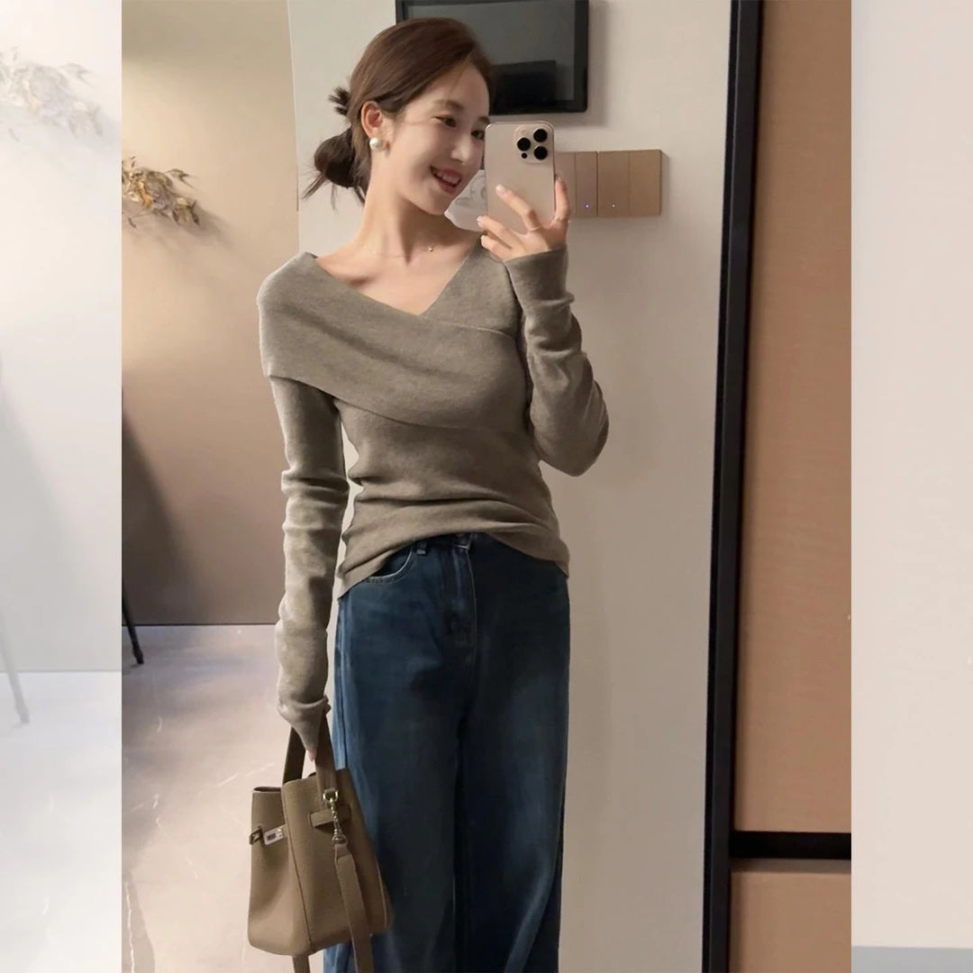 【气质欧尼】优雅高级设计感显瘦交叉领2025秋冬针织衫内搭气质上衣