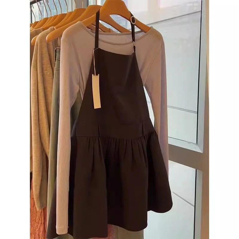 韩系高级感开秋穿搭独特漂亮灰色打底衫黑色背心裙两件套装2025女