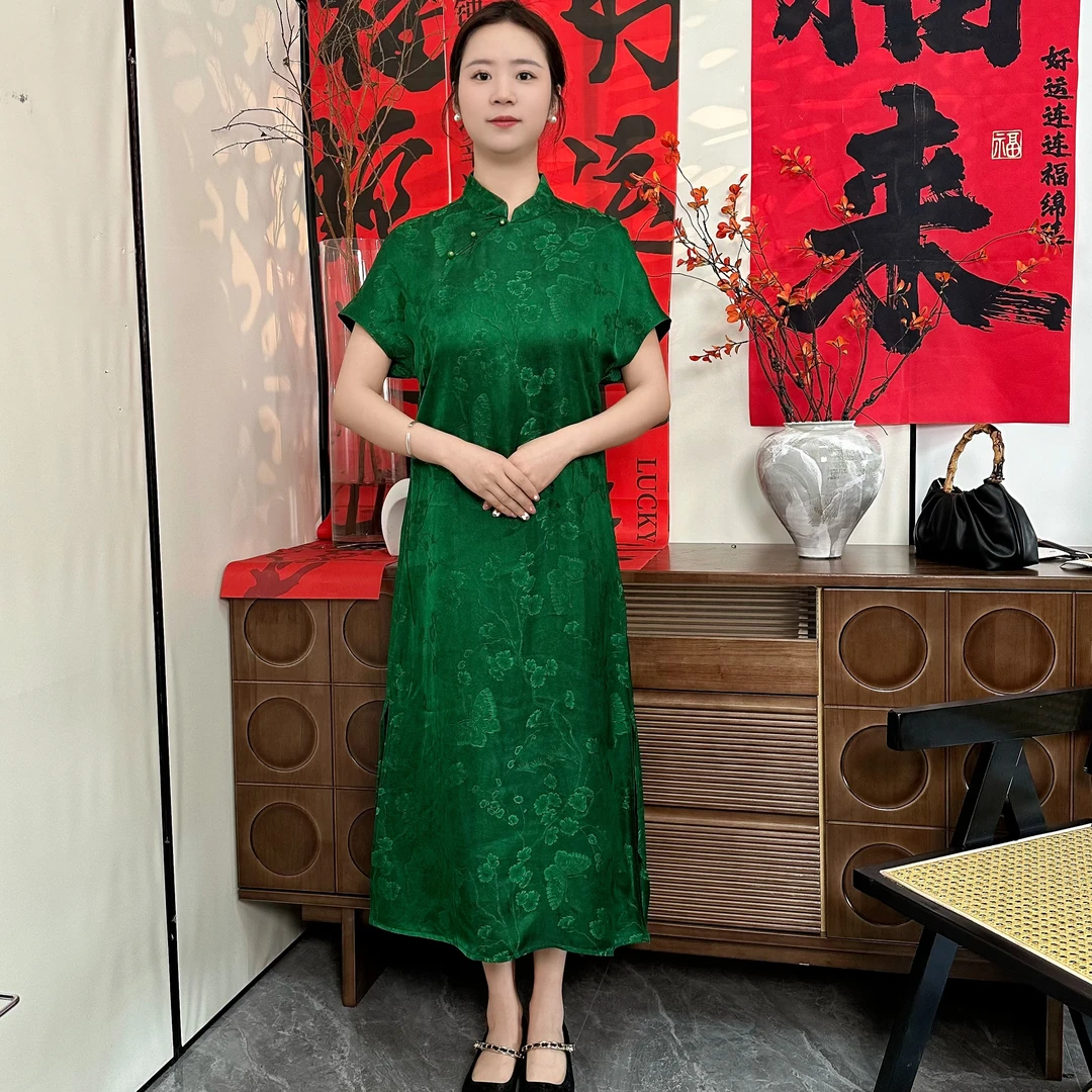 新款中式显瘦夏季立领斜襟提花短袖连衣裙