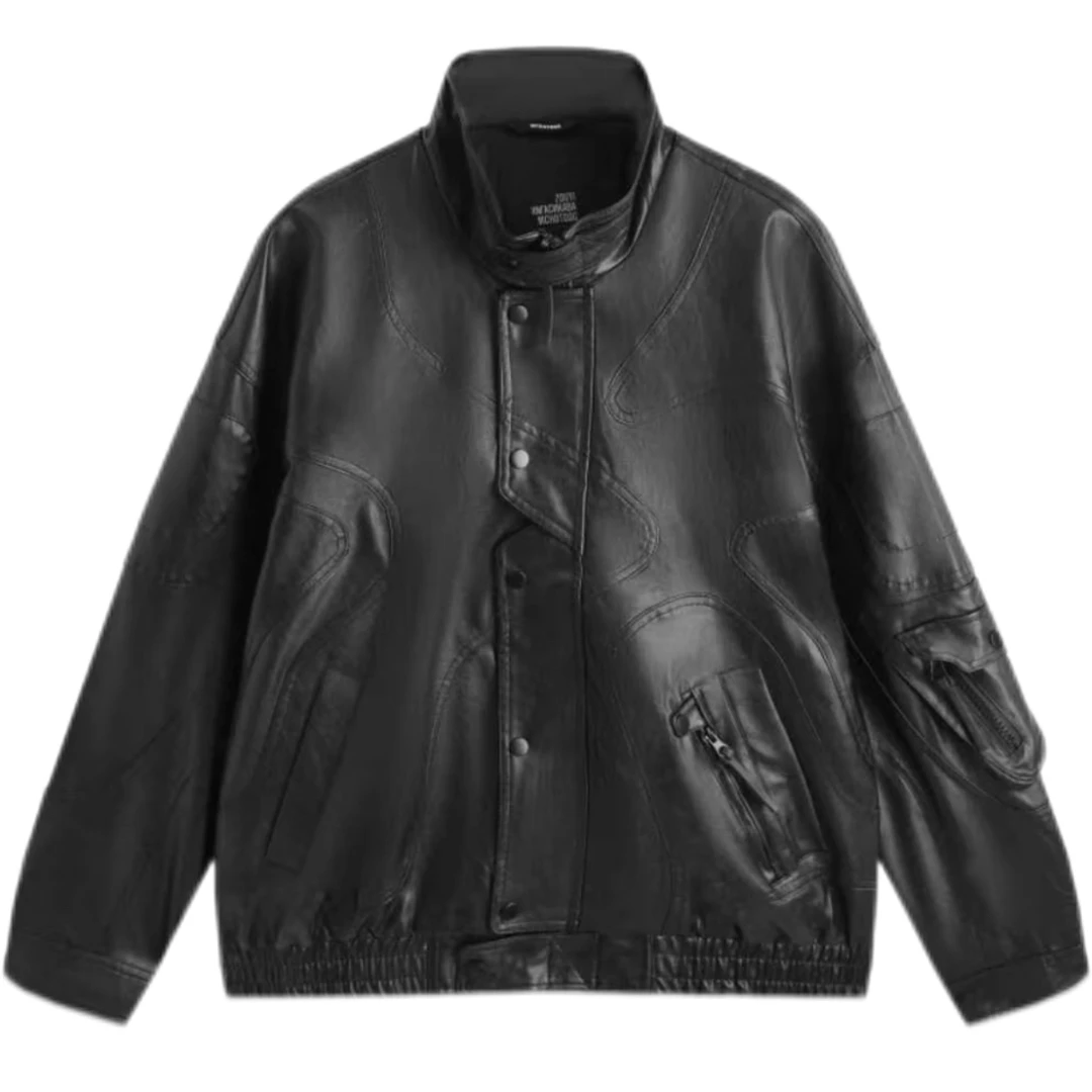 短宽赛车立领拼接纯色皮衣夹克PU669