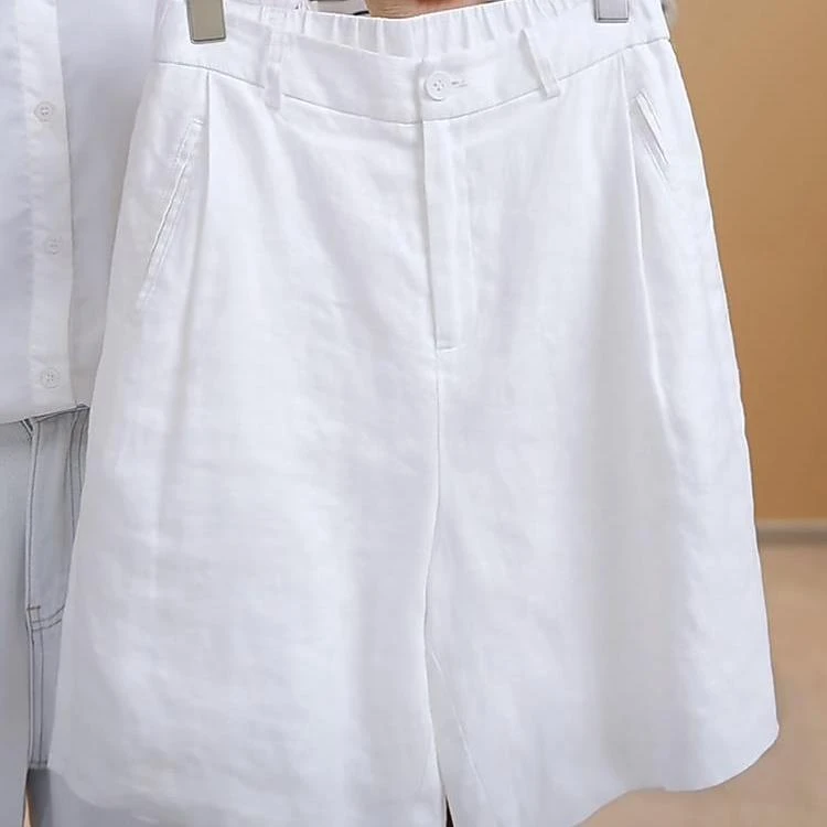 2025夏季新款女士高腰百搭显瘦亚麻阔腿短裤白色小个子苎麻五分裤